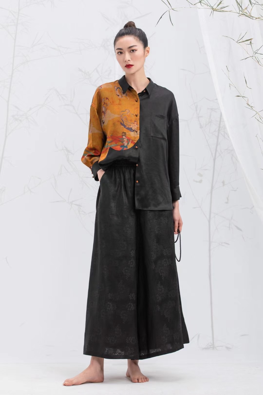 春夏中国风 私人定制香云纱桑蚕丝 上衣 超大阔腿裤 茶服禅意服