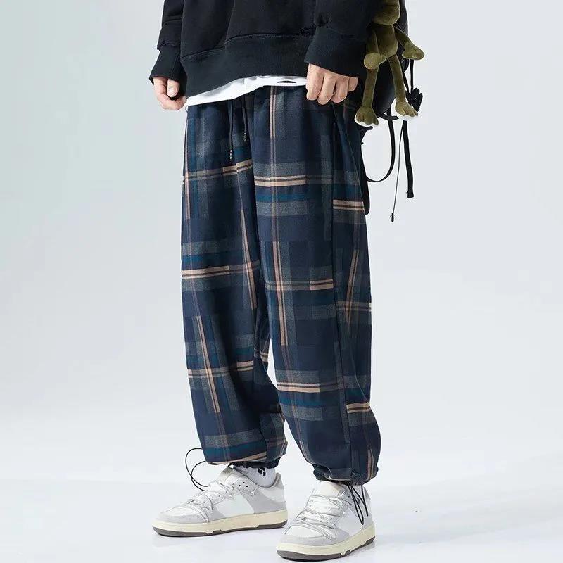 Fat Man Japanese Style Plaid Sports Jogger Pants Men's plus-Sized plus Size Loose All-Match Cropped Straight Pants Casual Pants