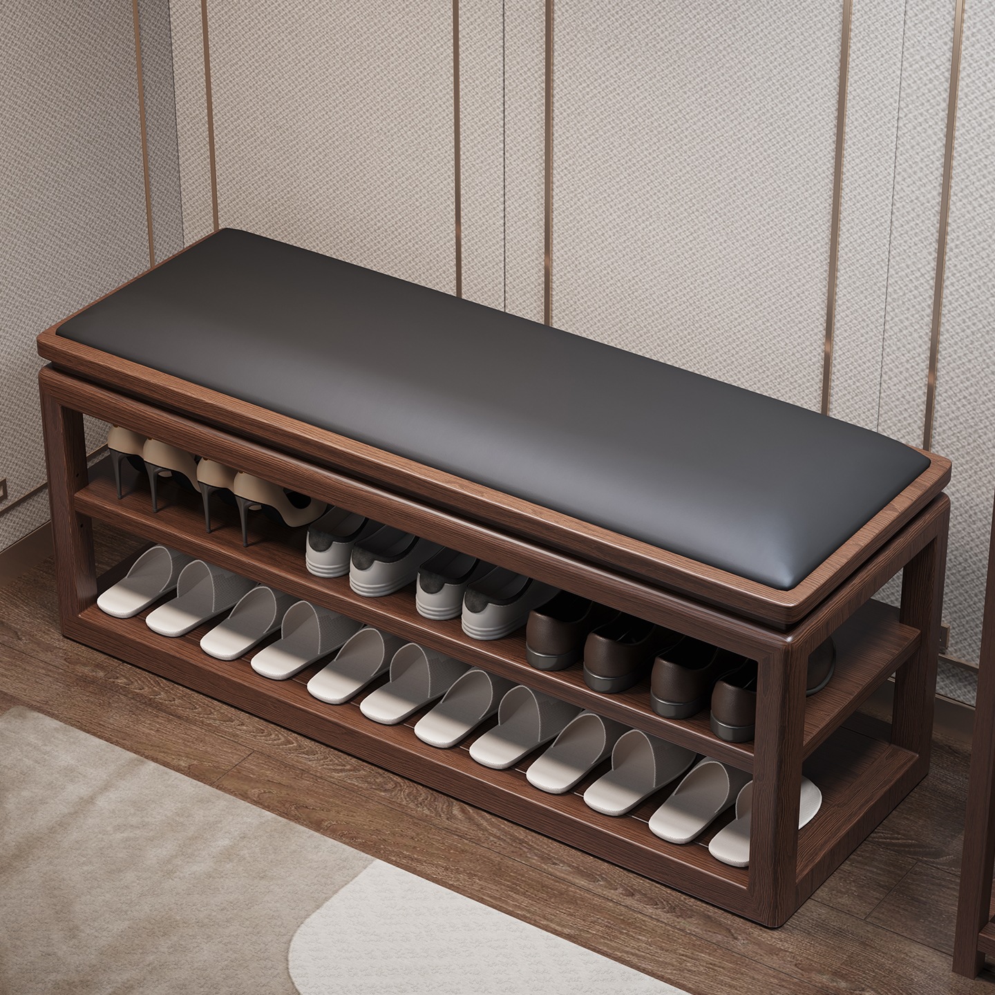 全实木换鞋凳家用门口新中式入门鞋柜一体可坐穿鞋凳多层入户鞋架