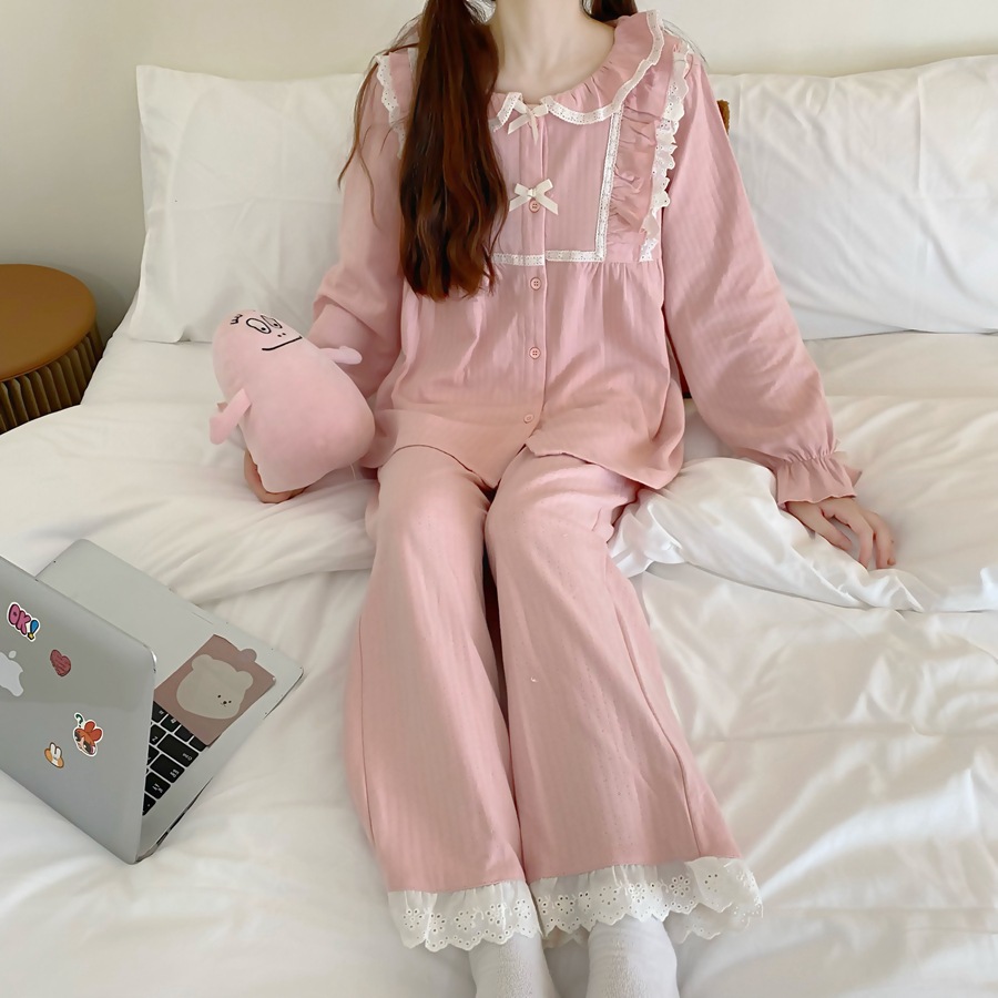 韩国秋季甜美宫廷粉色衬衫两件套睡衣花边拼接家居服女