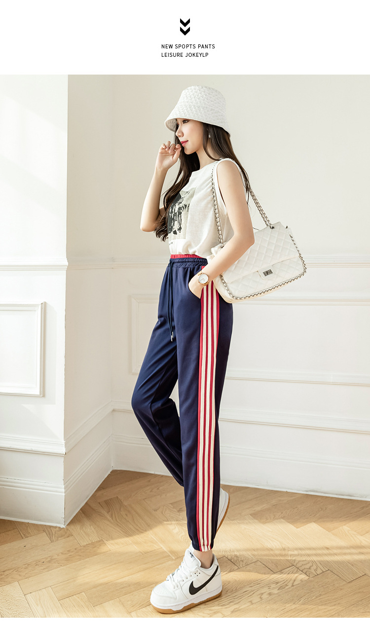 运动裤女装夏百搭新款侧边撞色条纹卫裤女设计感束脚运动休闲裤子