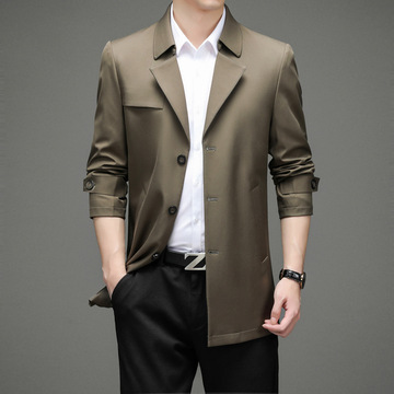 男士中长款风衣春秋季新款时尚休闲轻商务翻领外套中年男装单排扣