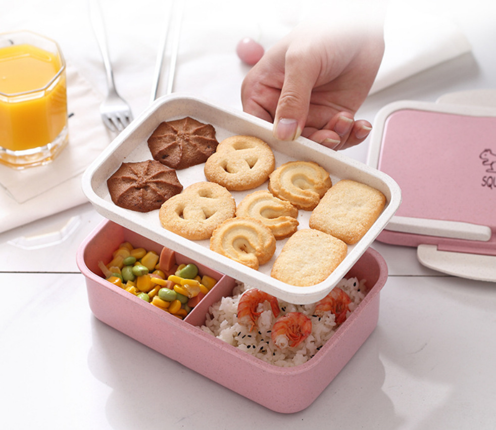 儿童学生塑料日式饭盒午餐盒小麦秸秆手提便携餐盒双层三格便当盒