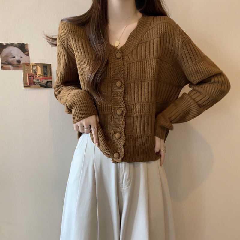 小香风v领毛衣女外套女春装大码胖mm宽松遮肚子短款针织开衫上衣