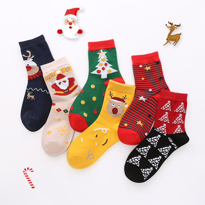 Autumn and Winter New Women's Christmas Cotton Socks Red Combed Cotton Sweat-Absorbent Boneless Cartoon Thick Mid-Calf Socks