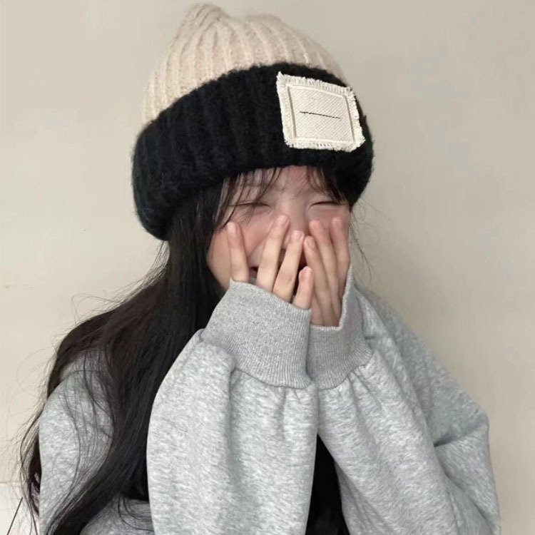 Autumn and Winter Warm Pile Heap Cap Korean Ins Curling Color Matching Cloth Sticker Big Head Circumference Thick Wool Knitted Hat Couple