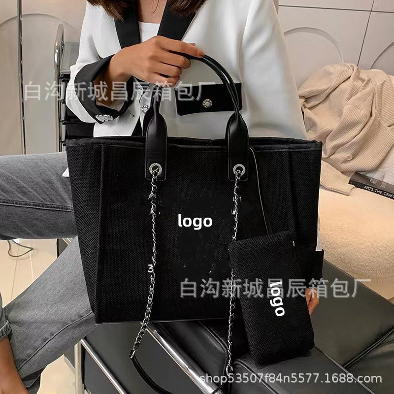 Classic Chanel-like Embroidered Beach Bag Linen Canvas Mummy Bag Large Capacity Shopping Bag Shoulder Hand Bag