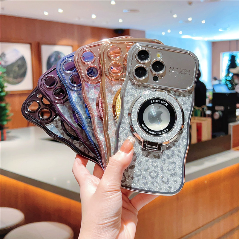 电镀放大镜11支架15pro max手机壳适用iphone14p豹纹闪粉12苹果13
