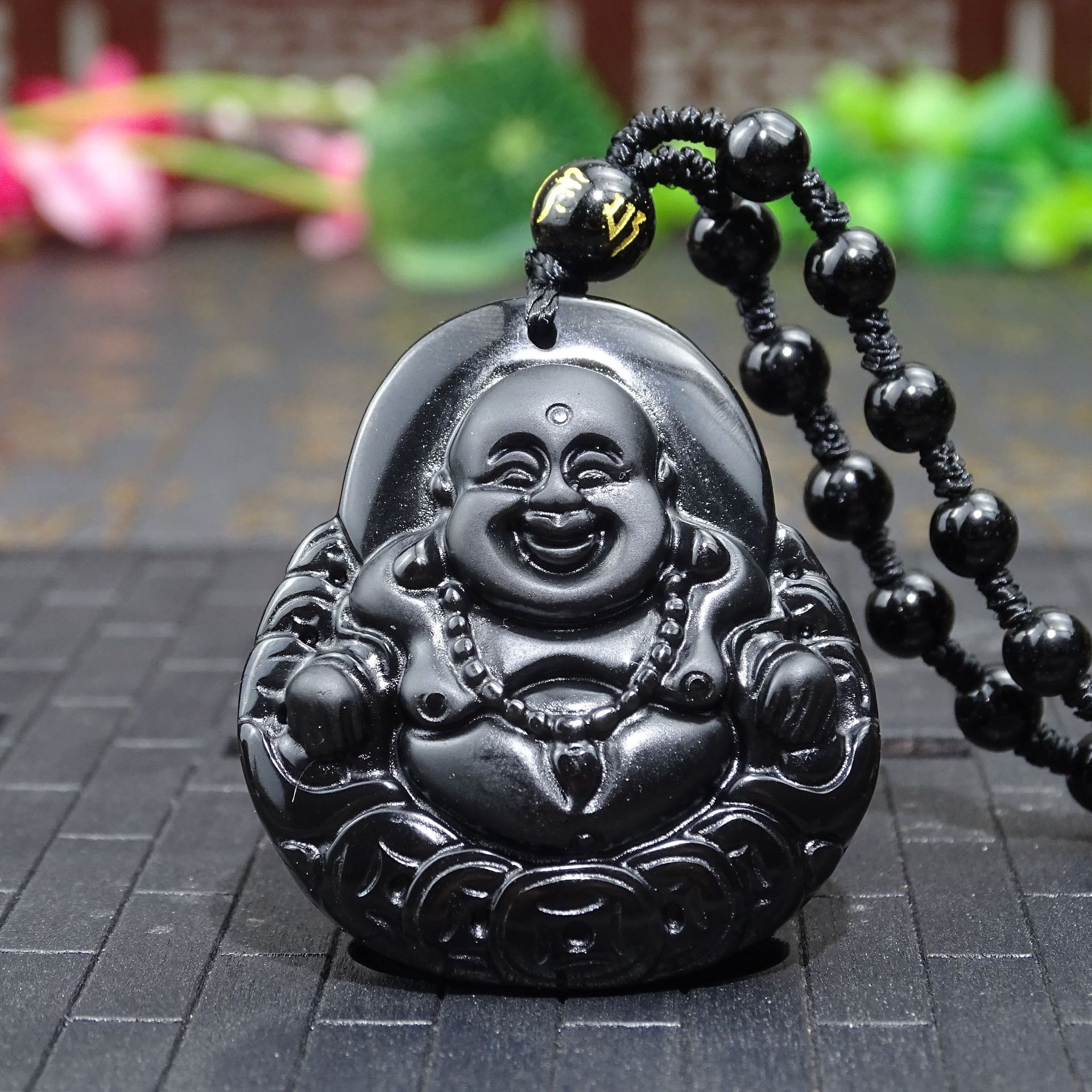 黑曜石弥勒佛吊坠大肚笑佛挂件经典佛公玉坠弥勒佛金钱佛挂坠