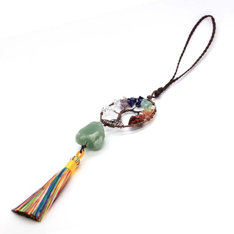 新品碎石绕线生命树圆形挂件 水晶石流苏车挂编织发财树汽车车饰