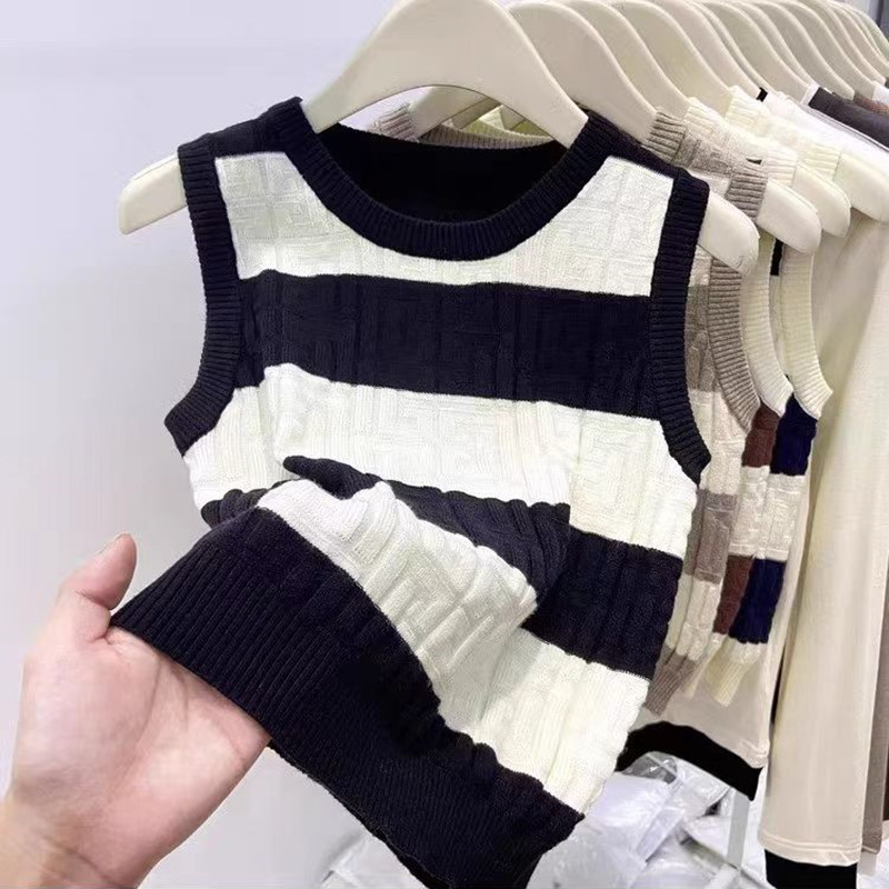 Contrast Color Striped Sunken Stripe Sleeveless Knitted Vest Women's Autumn and Winter 2024 New Suit Inner Wear Waistcoat Outerwear Fashionable Top