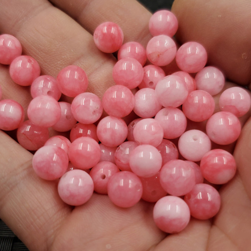 玉石散珠桃花玉圆珠散珠粉色石英岩玉散珠手链项链编织珠配件珠子