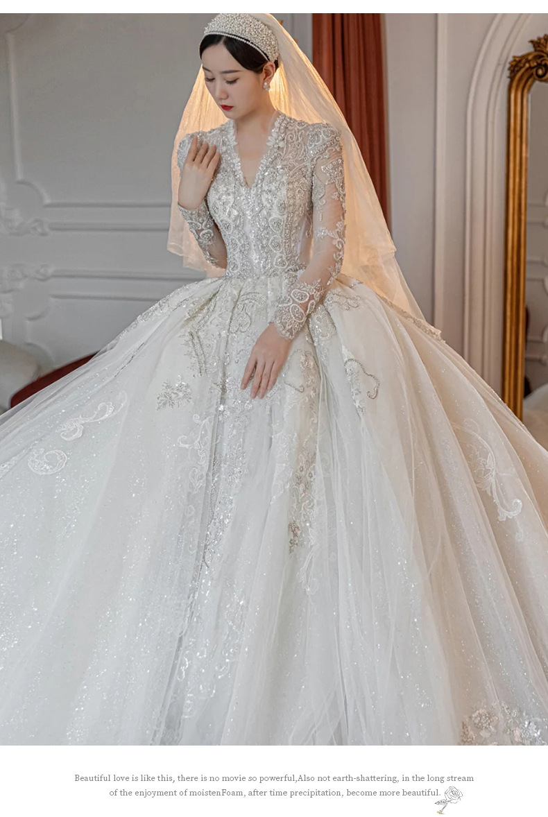 主婚纱2021新款新娘v领长袖冬季大拖尾法式高级质感宫廷风婚纱女