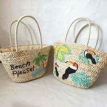新款椰子树绣花小鸟手工编织包手提包时尚简约编织包菜篮子沙滩包