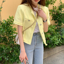 韩国chic粗纺短款开衫小外套女2022新款夏季小香风薄款设计感上衣