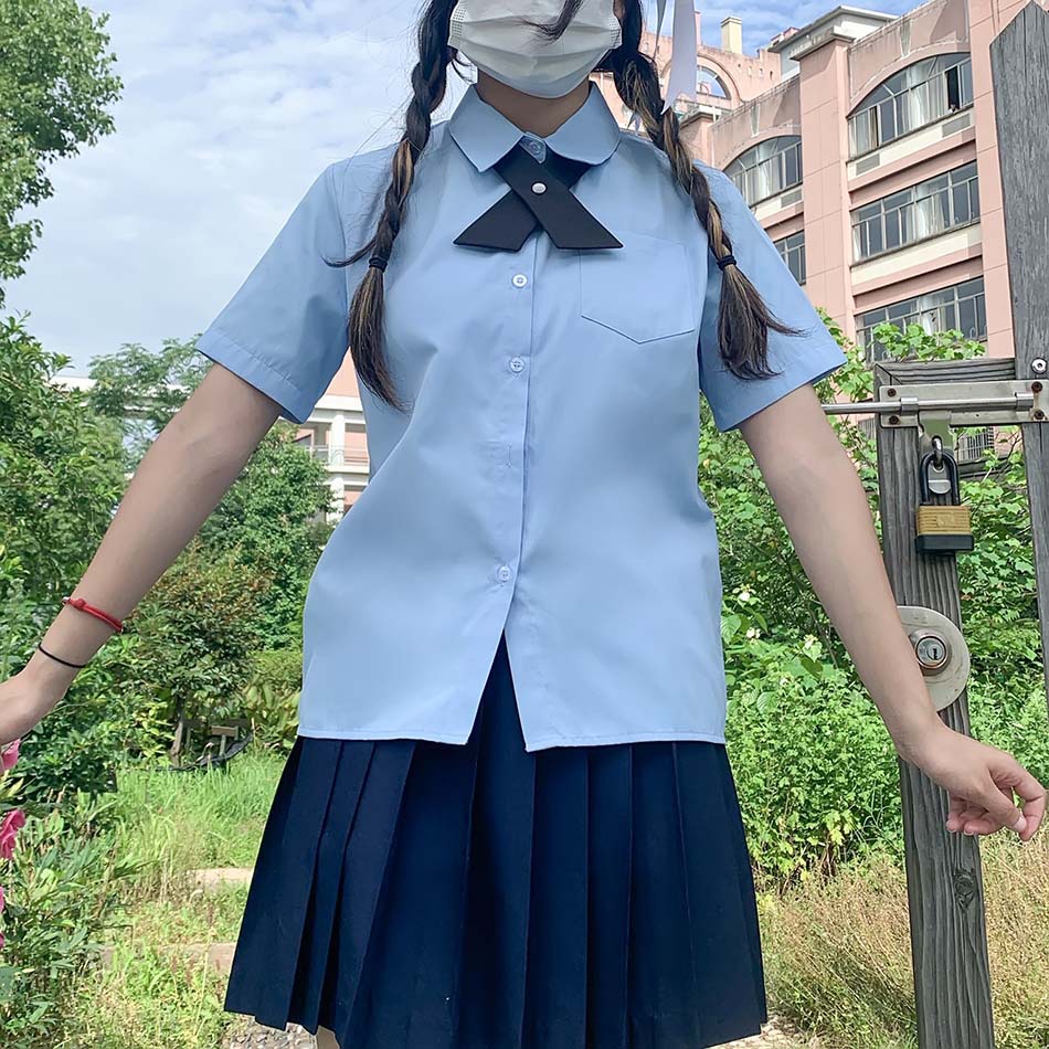 日本jk制服短袖蓝色衬衫 日系校服 短袖尖领方领角襟 不透