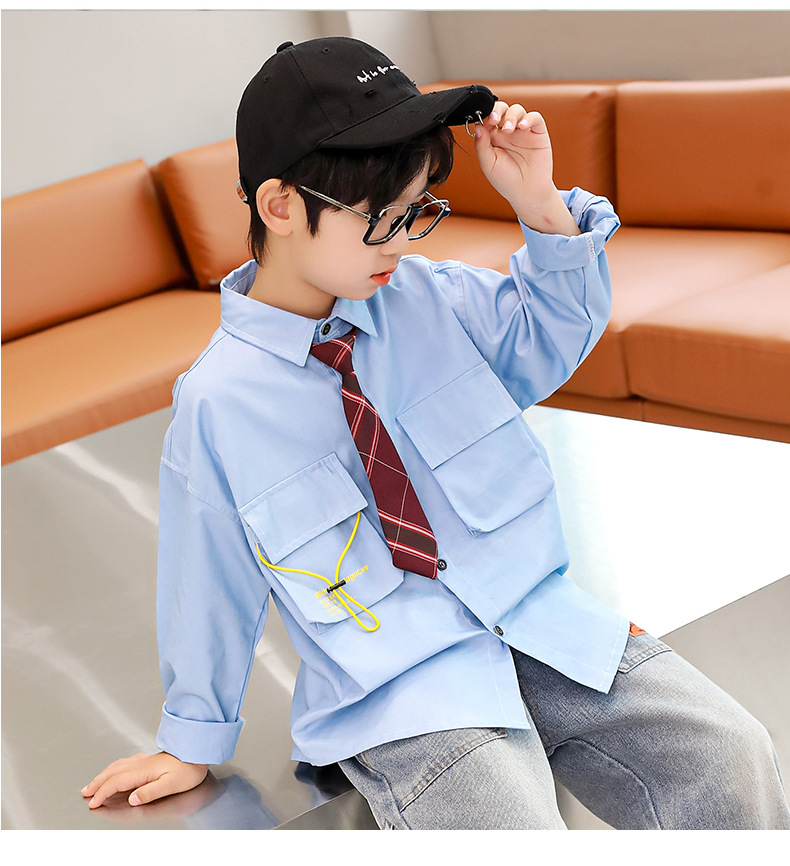 儿童白衬衣男童新款中大童休闲白色衬衫秋男孩帅气领带上衣潮stdd