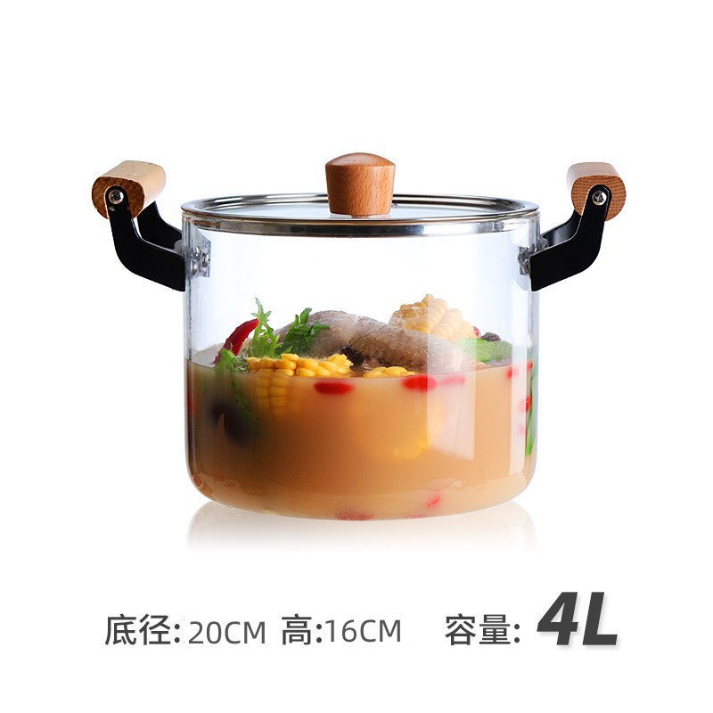 Wholesale Thickened Borosilicate Heat-Resistant Glass Wooden Handle Pot Electric Ceramic Stove Open Fire Heating Glass Pot Soup Cooking Noodle Pot