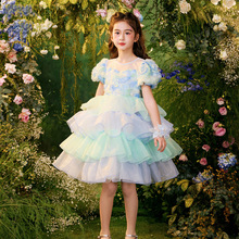 女童蛋糕裙2024夏新款时髦立体泡泡袖花朵超仙彩色日常表演童礼服
