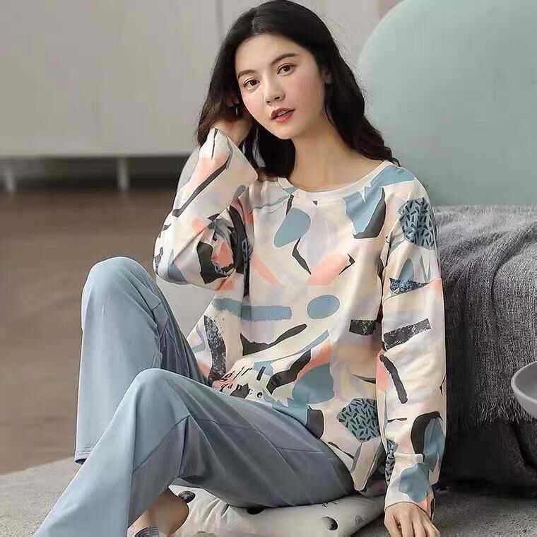 Spring and Autumn Long Sleeve% New Pajamas Women's Sweet plus-Sized plus Size Two-Piece Suit Home Wear for Winter and Summer