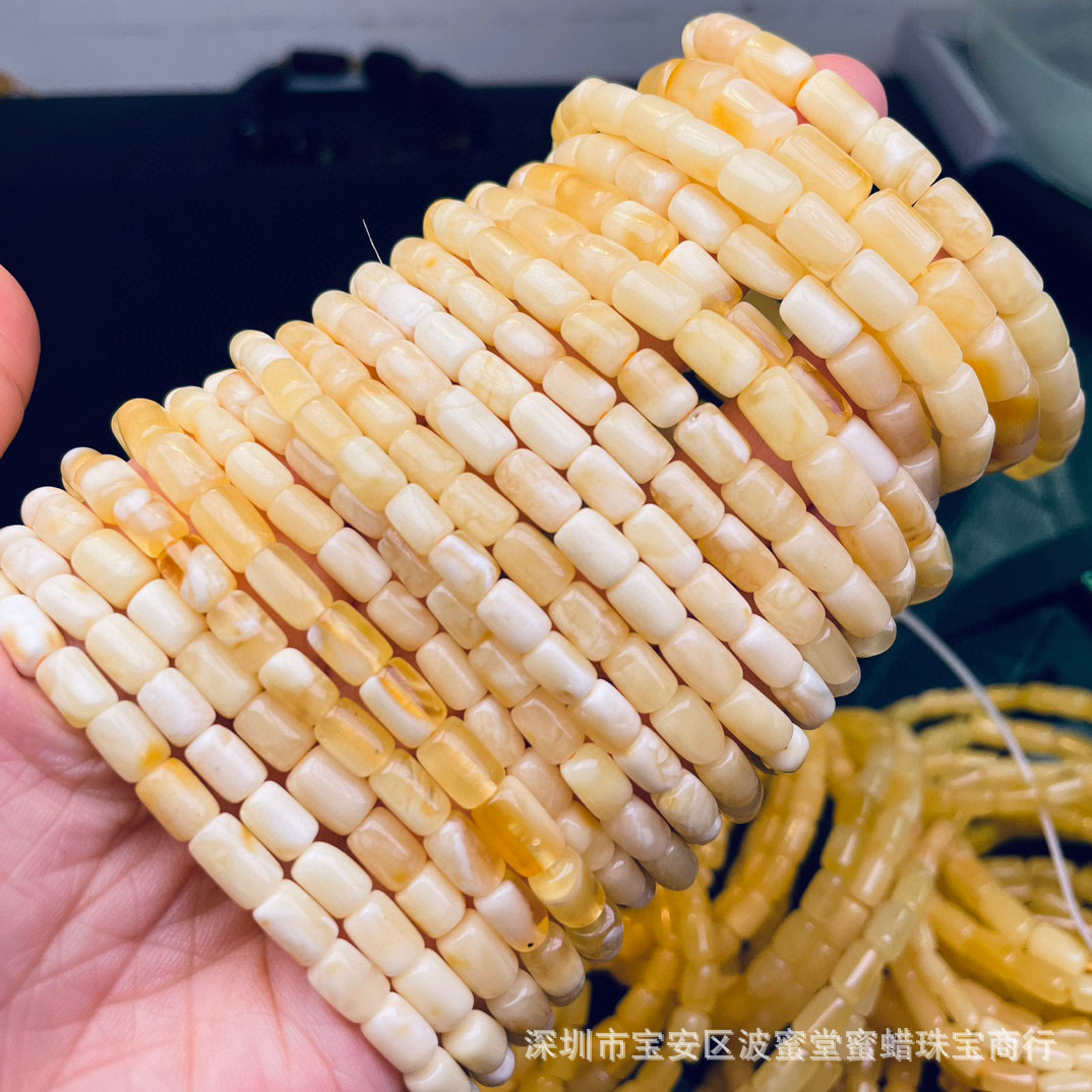 松岗蜜蜡工厂原矿琥珀蜜蜡桶珠手串俄料白花蜜直径4-7mm全品无瑕