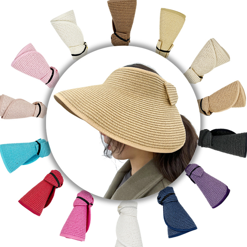 Summer Foldable Visor Straw Hat Portable Outdoor Sun Protection Big Brim Sun Hat UV Protection Bow Beach Hat