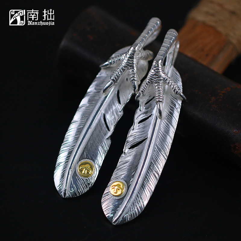 高桥吾郎goros小点金银爪羽毛s925纯银项链吊坠男女日潮手工银饰