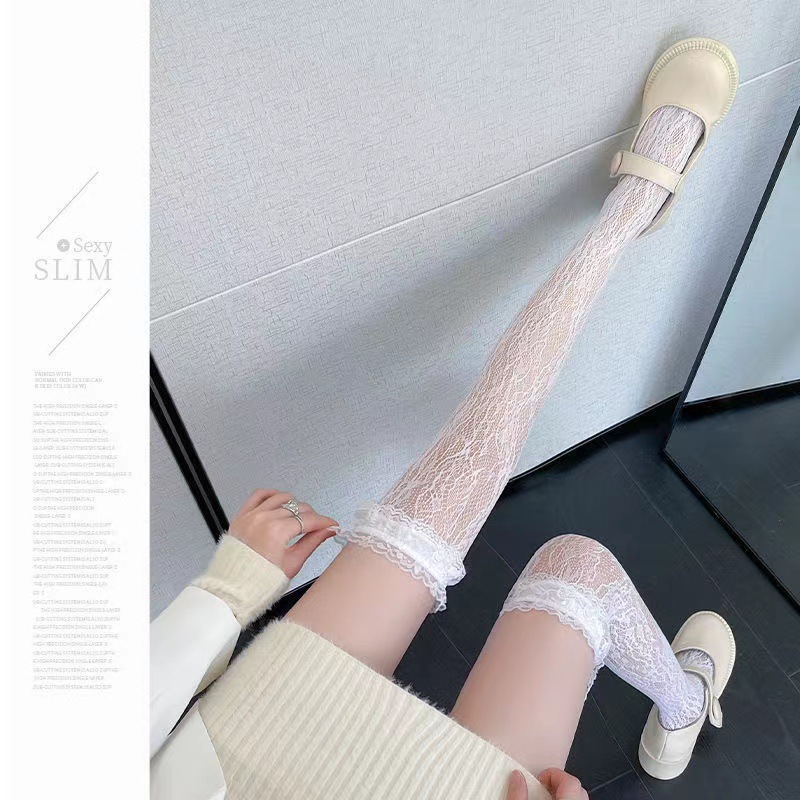 Lolita White Silk Stockings Lace Stockings Summer Thin Mid-Calf Japanese Jk Calf Socks Female Student Lace Stockings