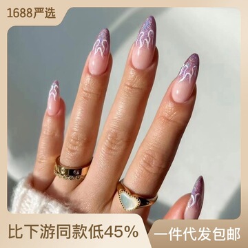 欧美外贸ins风爆闪杏仁甲紫色渐变火焰花纹穿戴甲成品假指甲