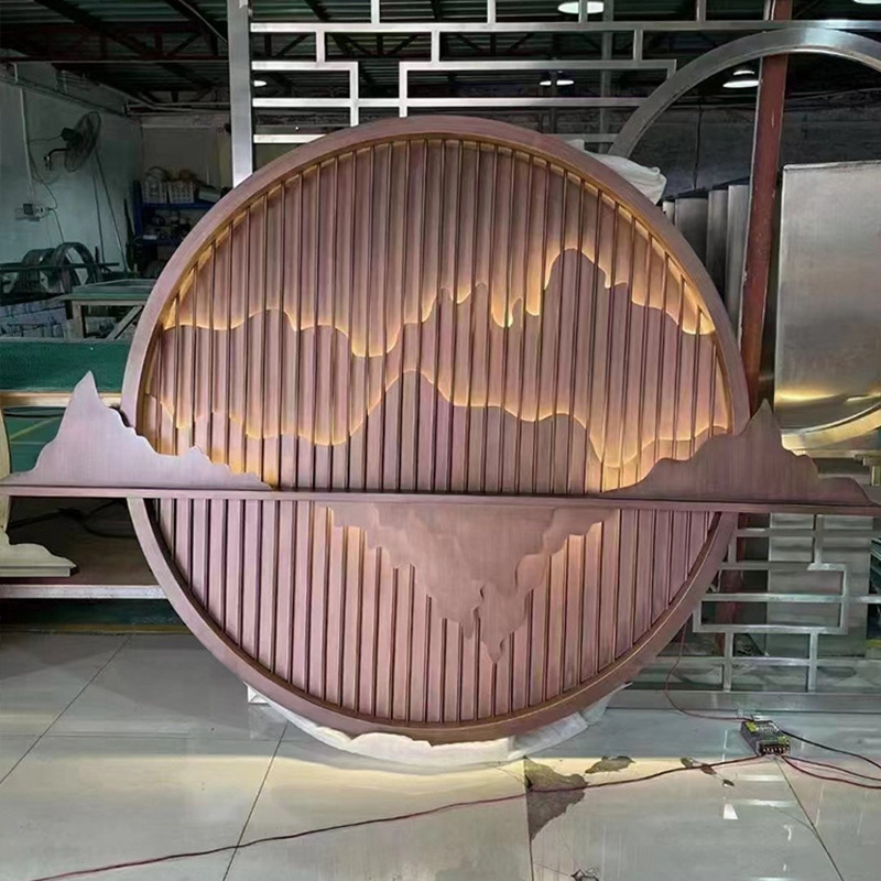 不锈钢圆形假山屏风 庭院户外玄关金属镂空浮雕山水背景墙