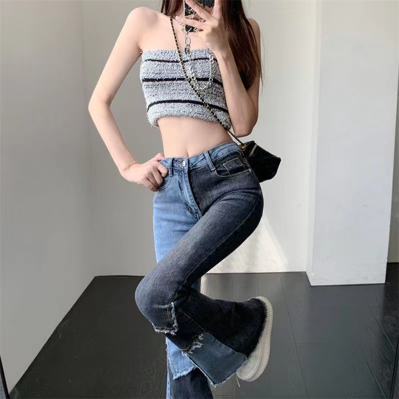   High Waist Stretch Flared Pants Jeans Women's New Patchwork Color TikTok Same Style Micro Pull Slim-Fit Figure Flattering Pants