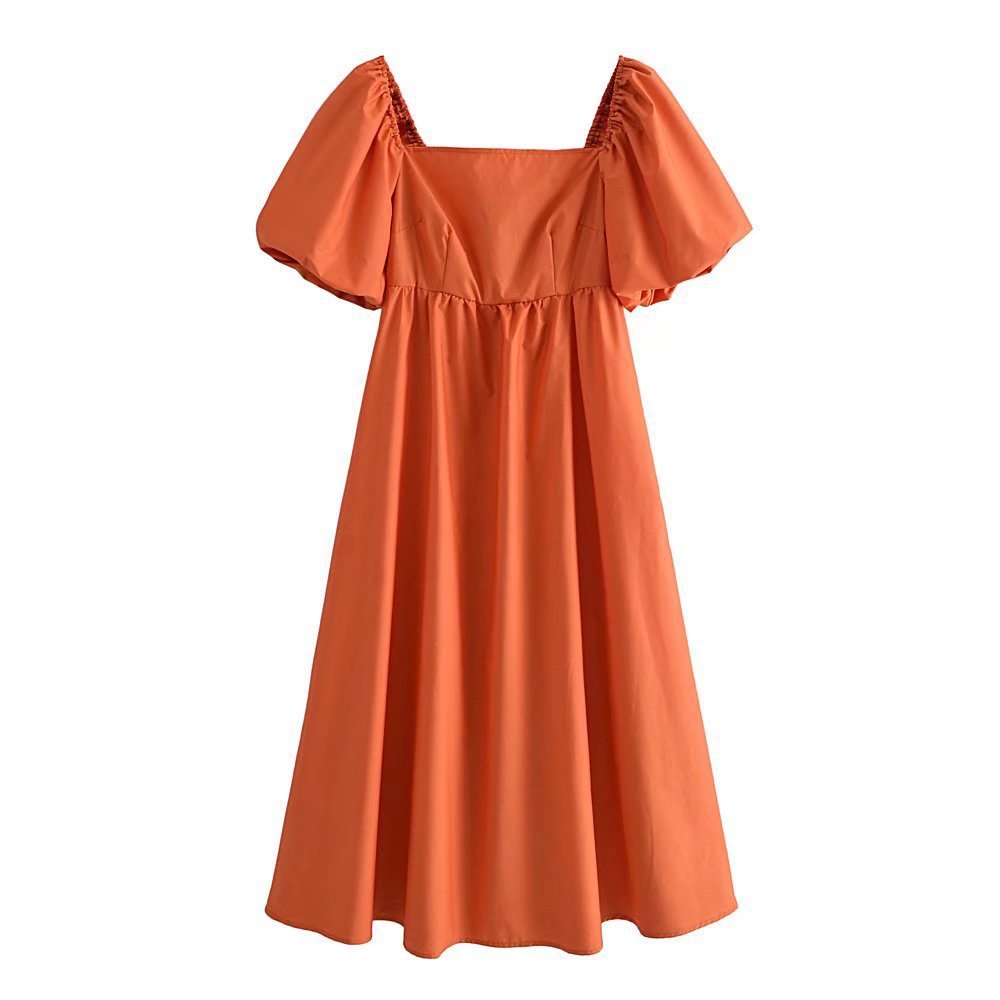 橘色高腰泡泡袖图片