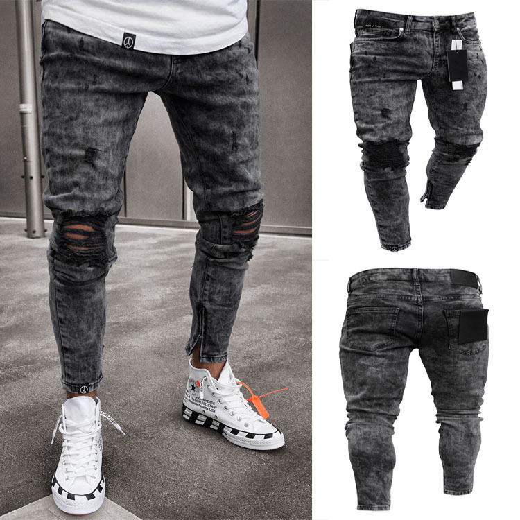 Amazon Wish Stretch Denim Skinny Pants Men's New European and American Ripped Hip Hop Style Men's Jeans