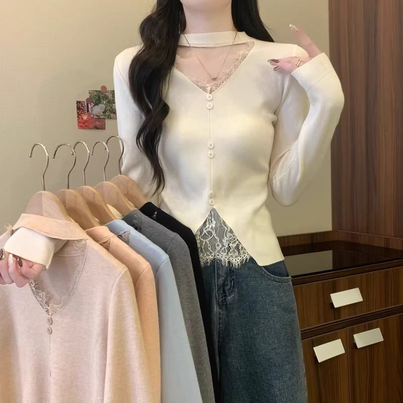 V领挂脖打底衫女秋冬内搭毛衣小个子亮色千金御姐上衣