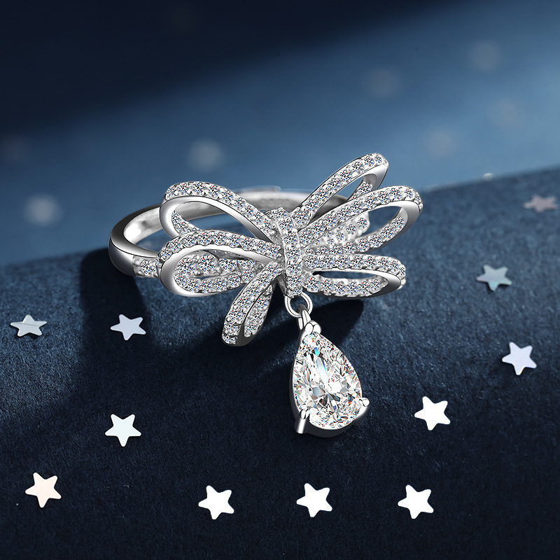 s925纯银超仙蝴蝶结戒指少女轻奢名媛丝带水滴钻戒满钻日韩开口戒