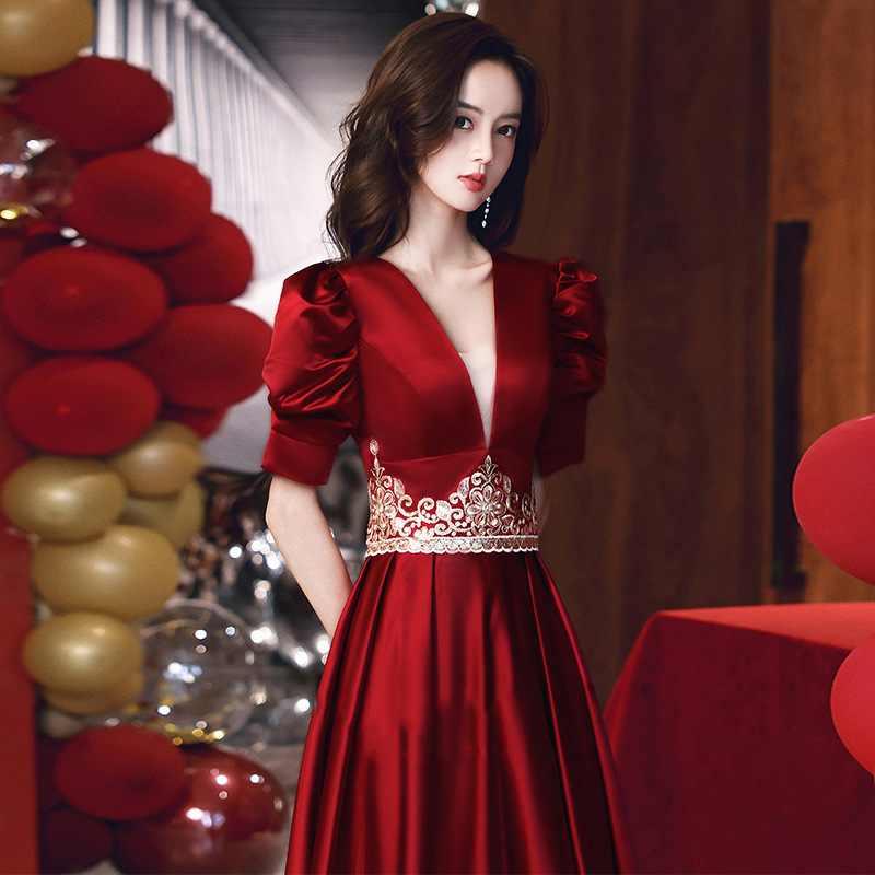 敬酒服新娘2022新款泡泡袖结婚红色高端大气缎面回门晚礼服裙子女