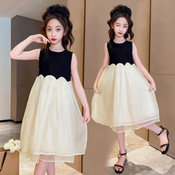 女童连衣裙夏季中大童网红拼接网纱裙洋气小女孩夏款公主裙儿童装