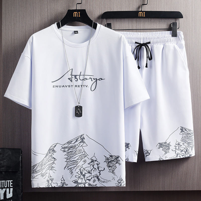 short-sleeved t-shirt suit men‘s summer new snow mountain printing fashion trendy korean style slim fit large size sports two-piece suit
