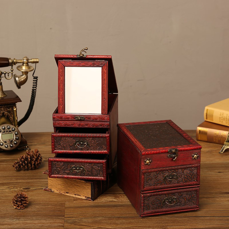 妆匣盒古风复古仿古梳妆盒带镜子化妆品收纳盒木质结婚嫁妆首饰盒