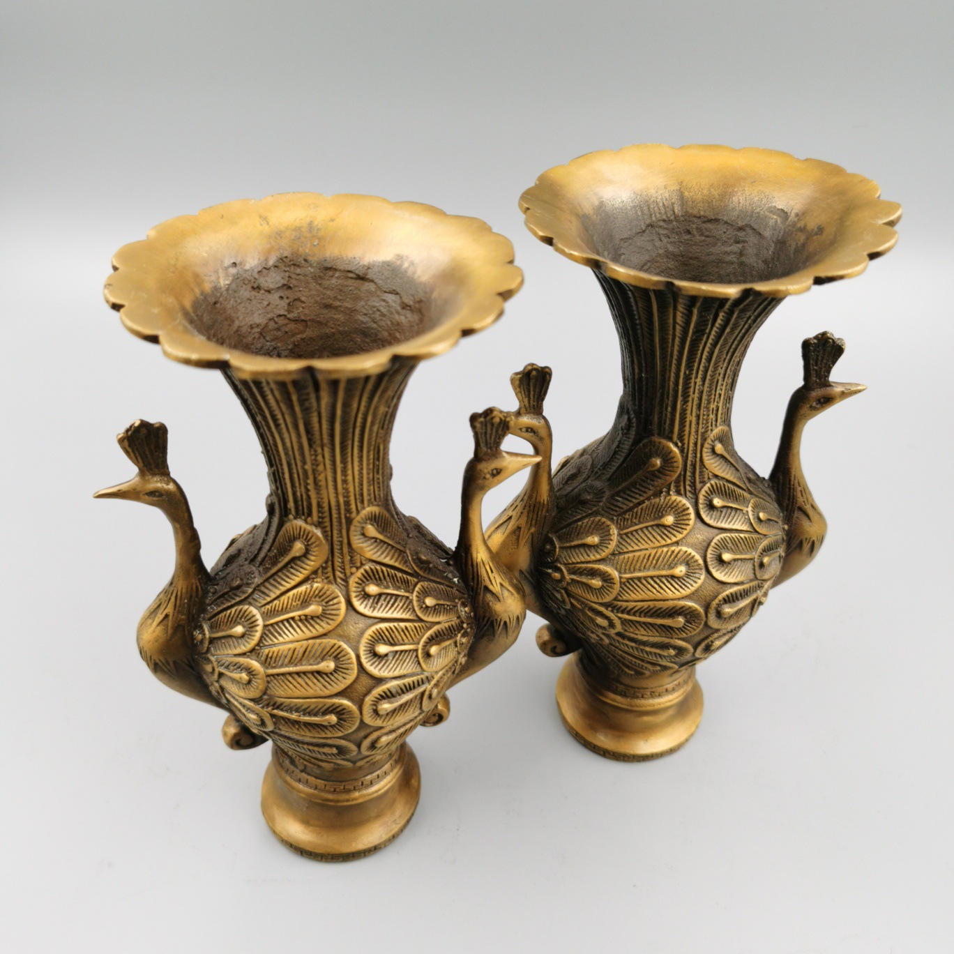 批发古玩杂项仿古铜花瓶古玩收藏批发 黄铜孔雀花瓶摆件工艺品