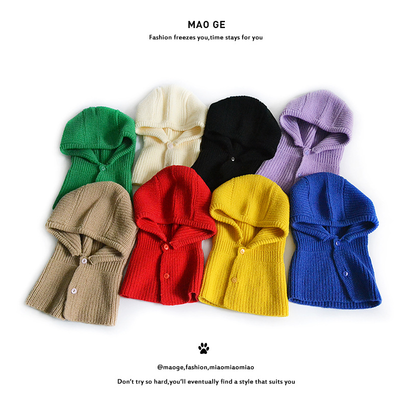 Chengwen New Children's Knitted Hat Fashion All-Match Scarf Hooded PNE-Piece Suit Boys and Girls Simple Solid Color Woolen Hat