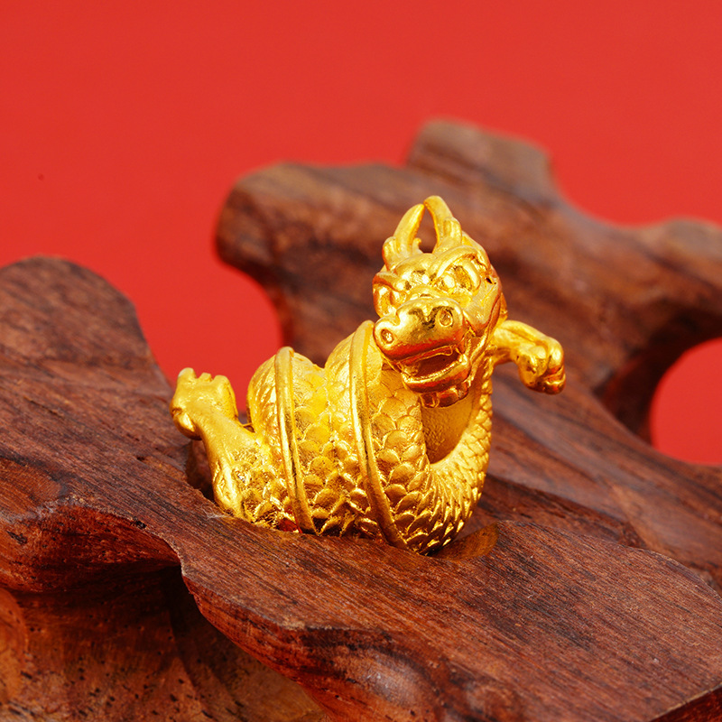 仿3d硬金铜镀24k黄金盘龙配饰批发 时尚沙金时尚diy龙头手串配件