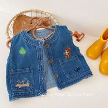 儿童刺绣马甲 0-6岁春季韩国童装男童时尚小熊牛仔上衣女童春装潮