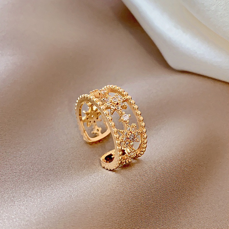 韩版镂空微镶锆石八芒星戒指女开口尾戒时尚个性星星食指环饰品