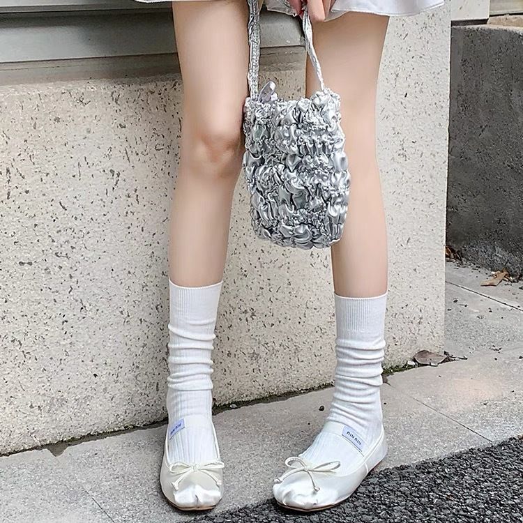 Miu Style Model Style Gray Calf Socks Female Ins Trendy Korean Style Four Seasons Vertical Stripes Solidcolor Mid-Calf Length Bunching Socks