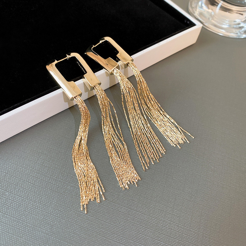 Real Gold Electroplated Silver Needle One Style for Dual-Wear Square Tassel Earrings European and American Exaggerated and Personalized Ear Studs Special-Interest Earrings Wholesale