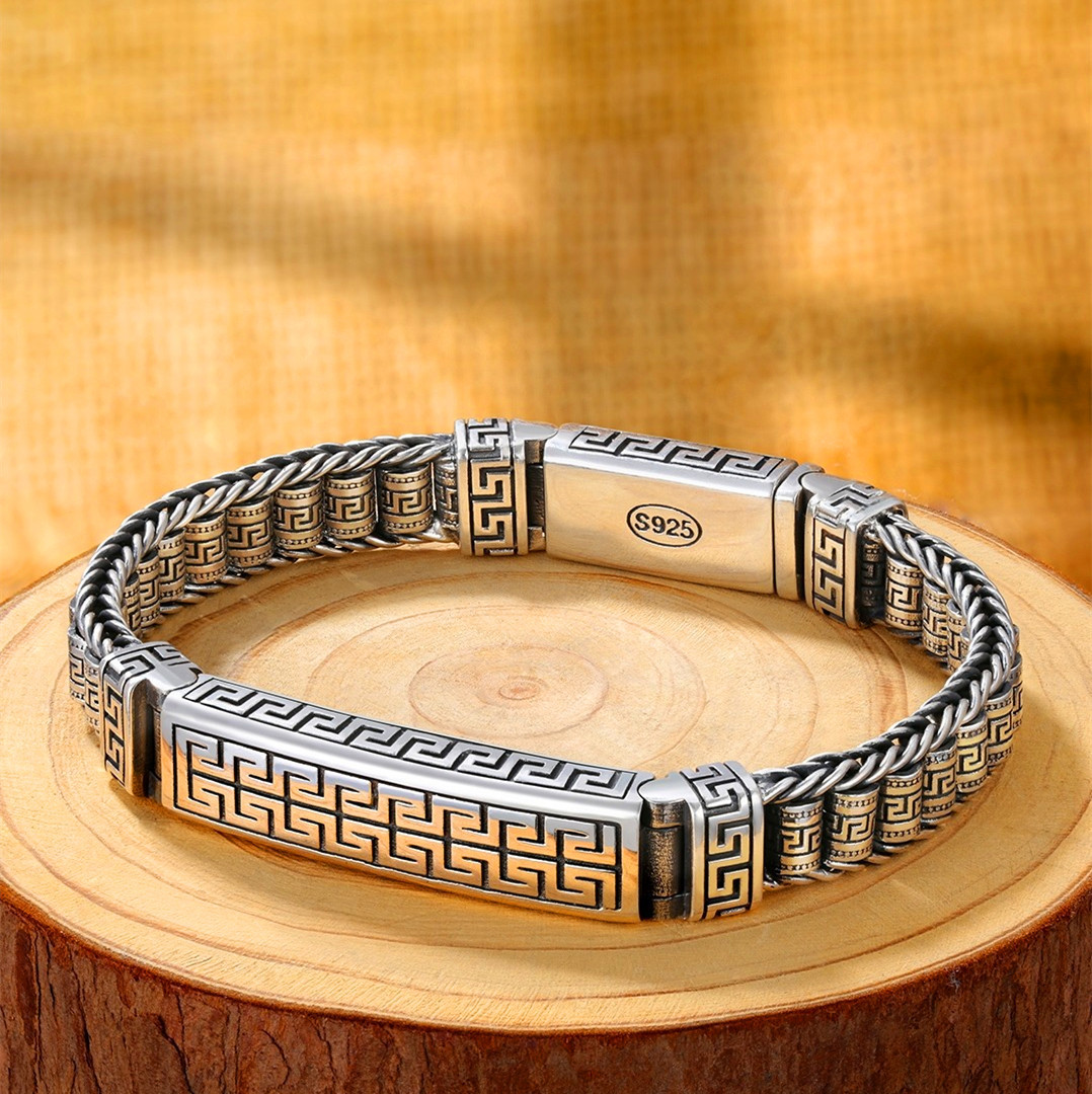 925银回字纹路路通手链纯银转经筒男女个性泰银复古国潮转动手链