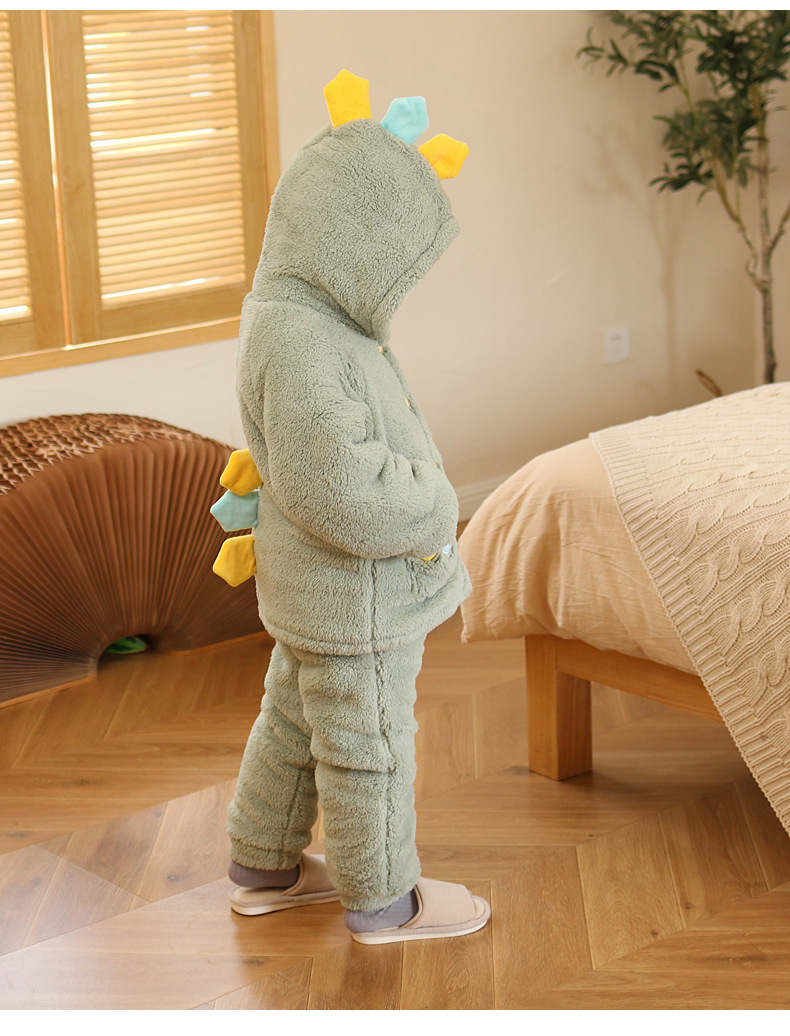 儿童冬季加厚睡衣男童小恐龙家居服套装冬厚居家服男童
