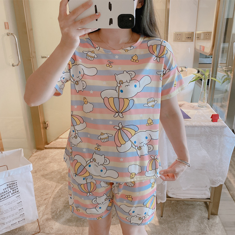 New Pajamas Women's Summer plus Size Short Sleeve Cute Cartoon Milk Silk Less Ladies Home Leisure Suit Foreign Trade Factory