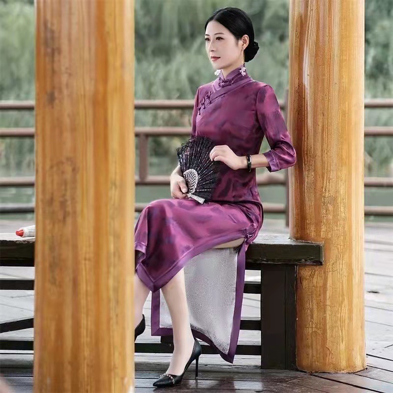 芷珊旗袍修身年会秋冬新款京派开襟纯手工旗袍高开衩民族风旗袍